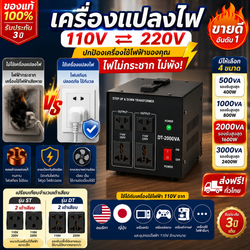 ST/DT-1000w-3000w หม้อแปลงไฟจาก 220v เป็น 110v หรือ110v-220v（ปรับได้/)ขนาด