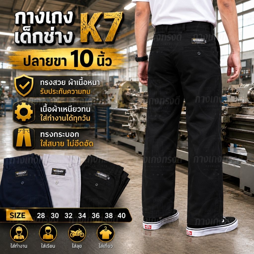 กางเกงK7ปลายขา10" กางเกงเด็กช่างขากระบอก ผ้าเวสป้อยหนาสุดในรุ่น 28"-44"