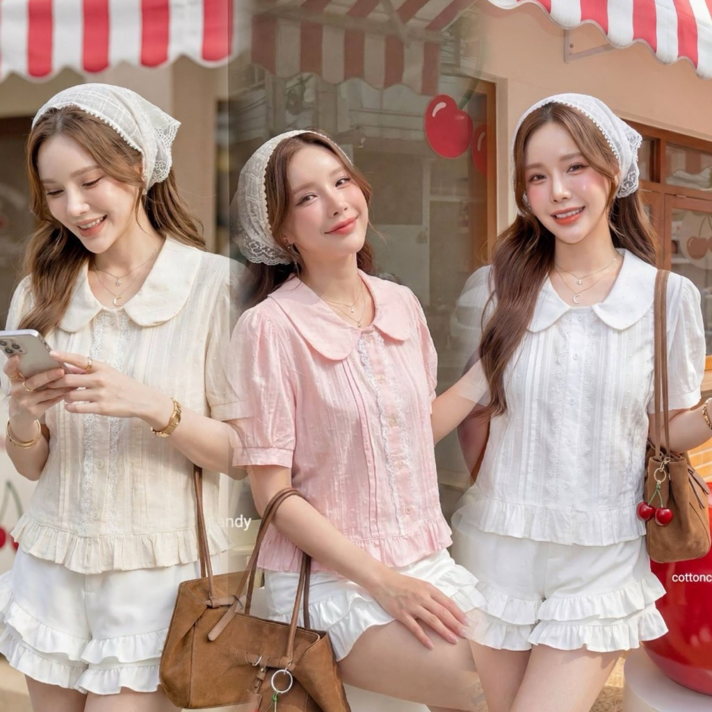 #Cotton Candy 🍭 เสื้อเชิ้ตคอบัวลุคคุณหนู New Pockky korea
