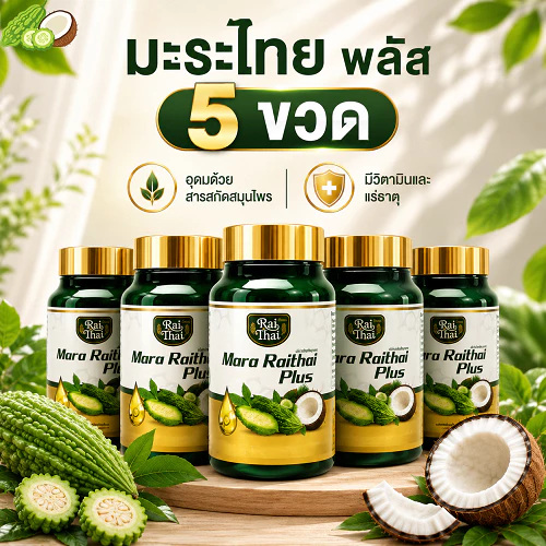 ชุด [5] ขวด Raithai Mara Plus ผลิตภัณฑ์เสริมอาหาร จากฟาร์มในไทย น้ำมันมะระสกัดเย็น มะระ 60 แคปซูลอ่อนต่อขวด