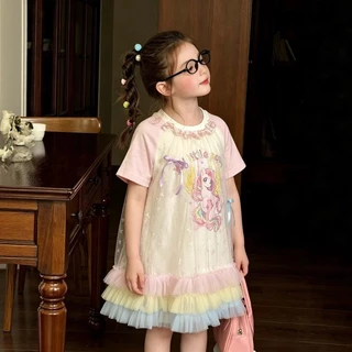 MC304 เดรสเด็กผู้หญิงลายโพนี่น่ารัก ผ้าตาข่ายแต่งโบว์ สีพาสเทลสดใส สวมใส่สบาย เหมาะกับเด็ก
