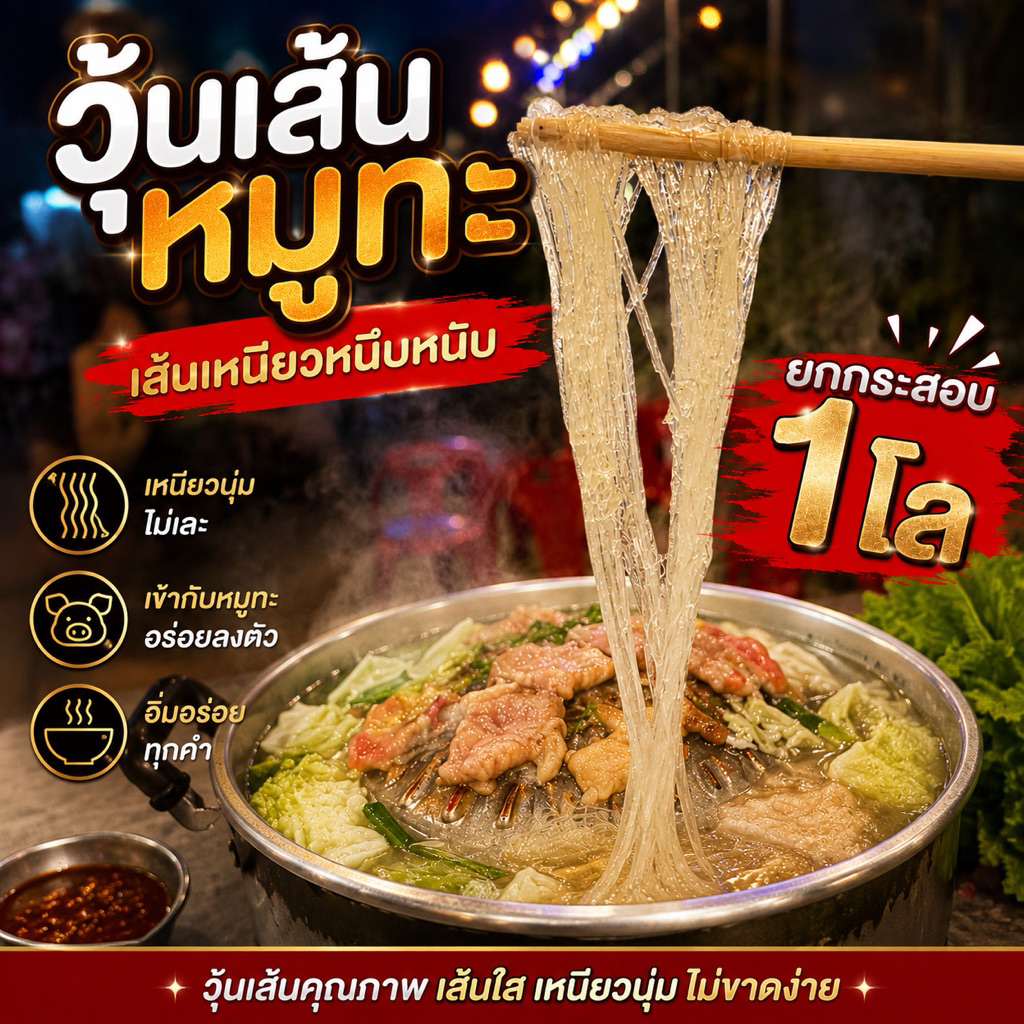 วุ้นเส้นหมูทะ ต้มเส้น ไส้กรอกอีสาน ยกสอบ 1 กิโลกรัม เส้นเหนียวนุ่มหนึบหนับ