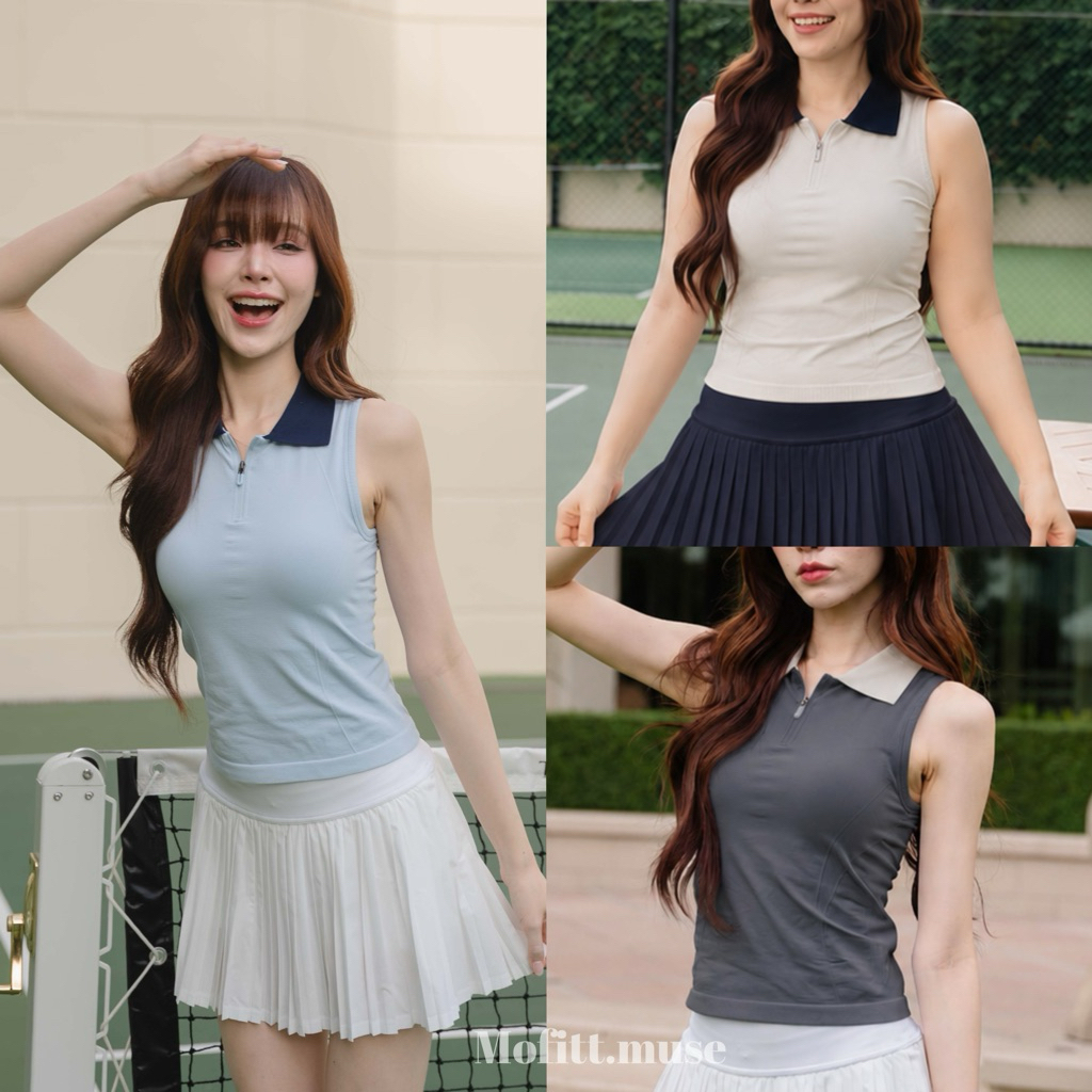 Mofitt.muse |Luna Zip Polo Tank เสื้อออกกำลังกายคอปก มีฟองน้ำในตัวซิปหน้า ทรงเข้ารูป ใส่ตีกอล์ฟ เทนนิส