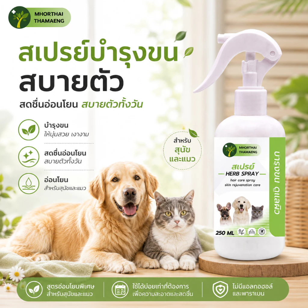 สเปรย์บำรุงขนสัตว์เลี้ยง สูตรอ่อนโยน ช่วยให้ขนนุ่ม หอมสะอาด สบายตัวทุกวัน 250 ml. หมอไทยทำเอง