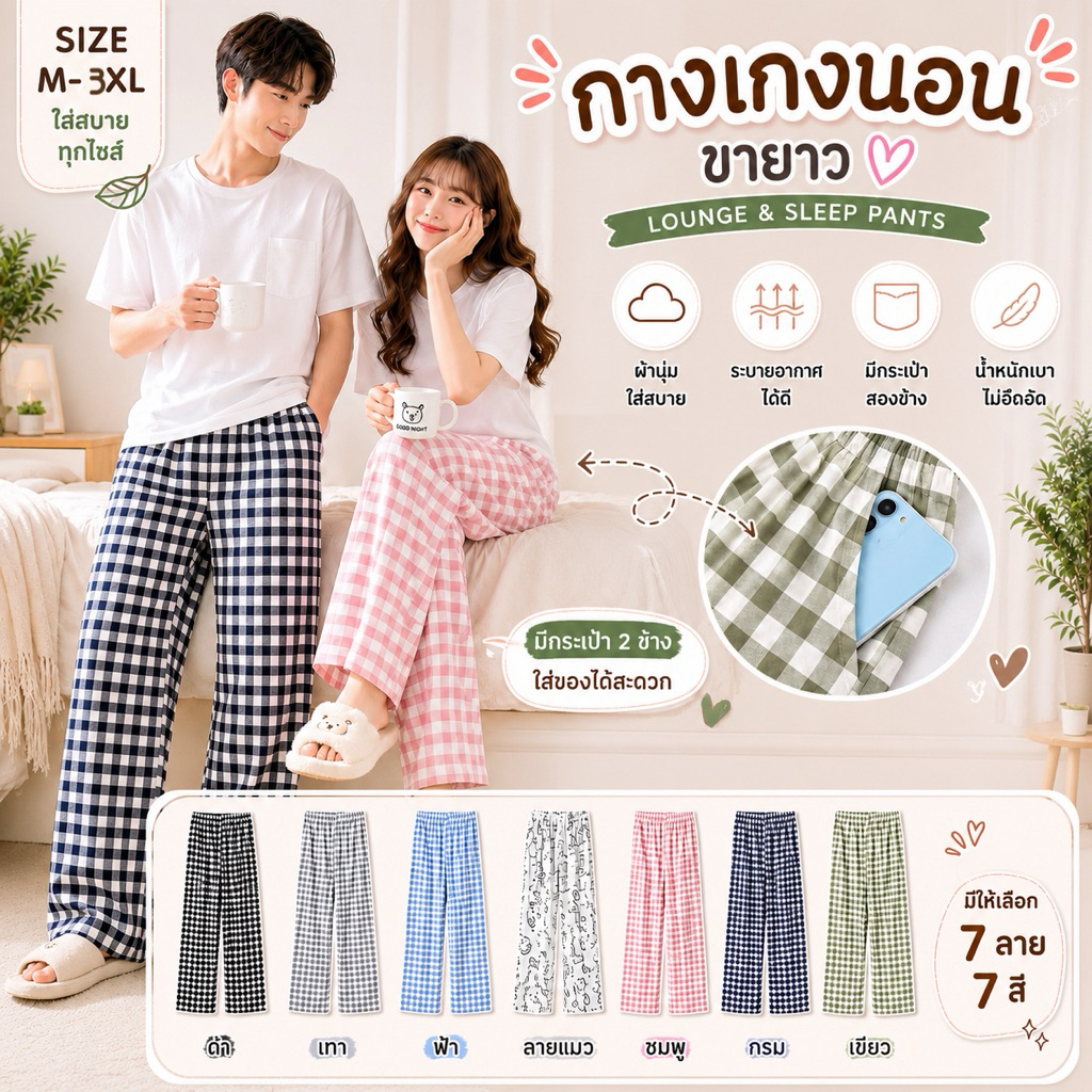 🇹🇭กางเกงขายาวเนื้อผ้าคอตตอน กางเกงใส่นอน ใส่สบายไม่หนา M019