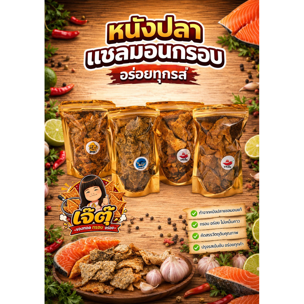 เจ๊ตุ๊ หนังปลาแซลมอนกรอบ หนังปลาแซลมอนทอดกรอบ หนังปลาแซลมอนอบกรอบ หนังปลากรอบ หนังปลาทอดปรุงรส ขนมทานเล่น