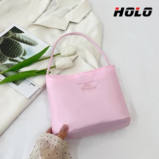HOLO กระเป๋าถือทรงบัคเก็ตสีแมคารอนแบบเรียบง่าย กระเป๋าสะพายข้างแฟชั่น