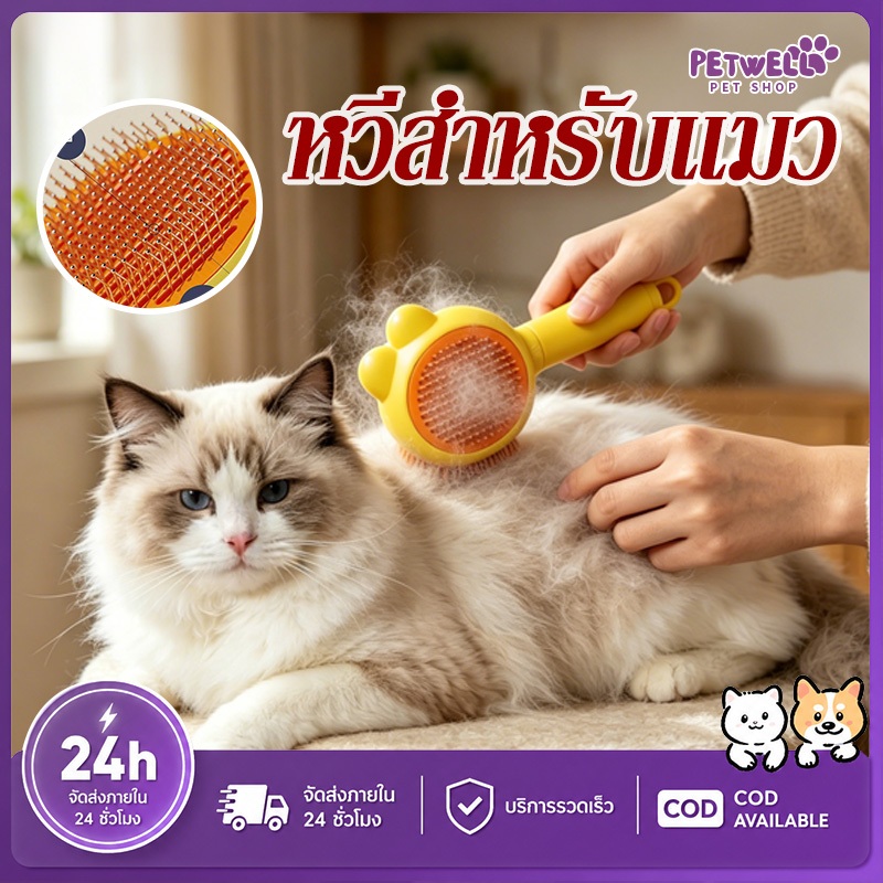 PETWELL หวีแมว หวีกำจัดขนสัตว์เลี้ยง  เหมาะสำหรับผมยาว สากล กำจัดขนลอยน้ำ หวีผม