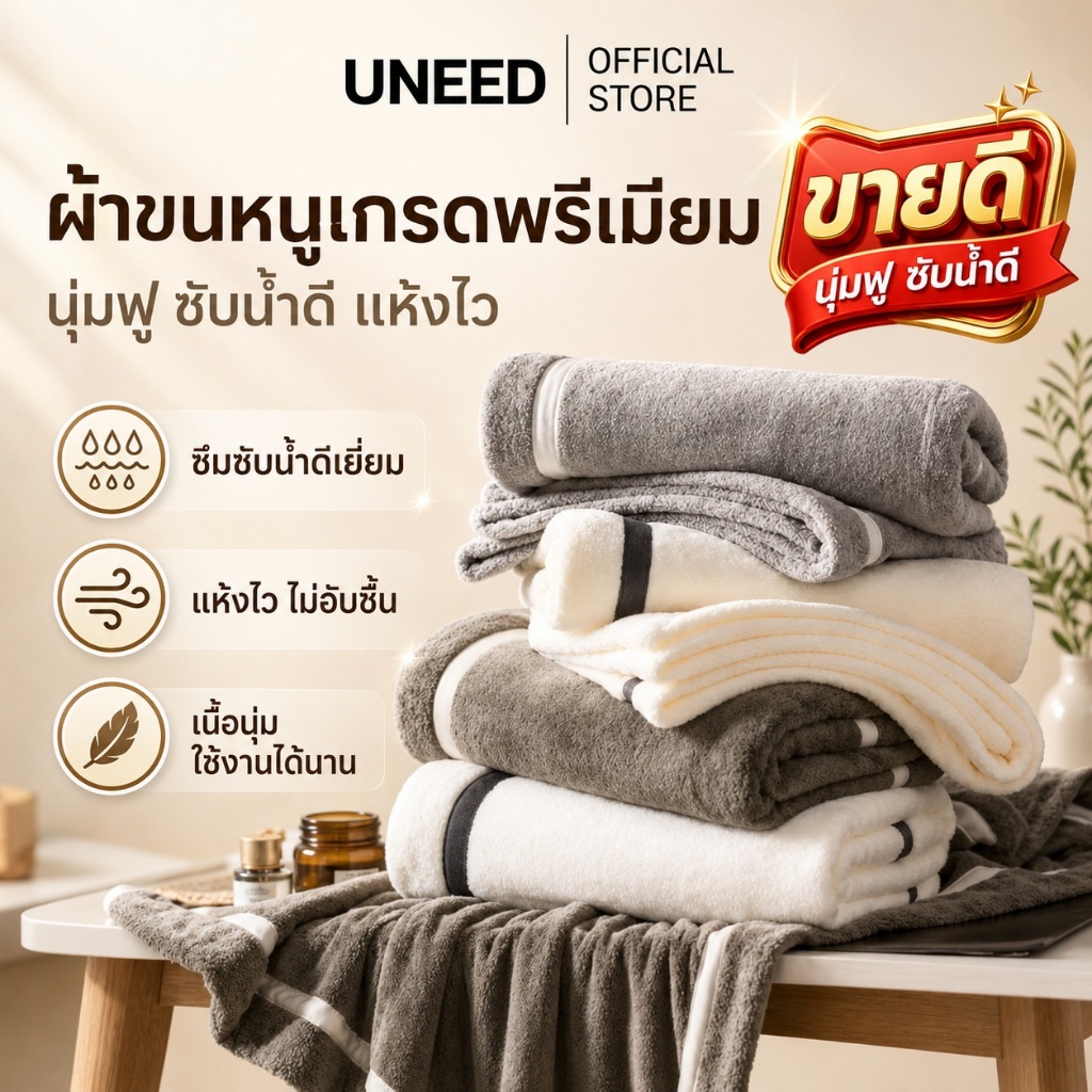 【UNEED】 ผ้าขนหนูเกรดพรีเมียม | ผ้าขนหนูเกรดธรรมดา  มี 2 แบบให้เลือกหนาและบาง หลากหลายสี | เเห้งไว ซึมซับดี ไม่เป็นขุย