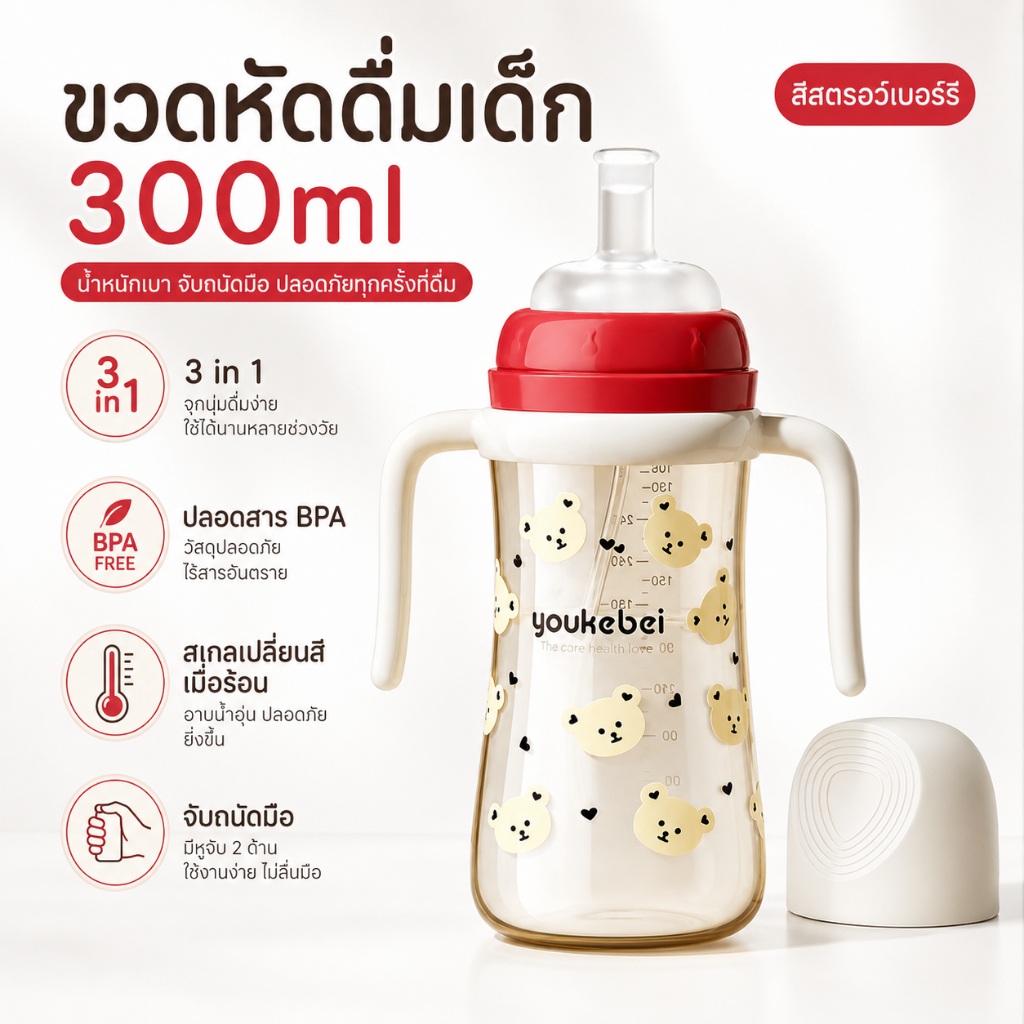 ขวดนมเด็กพร้อมหูจับ 300ml จุกซิลิโคนนุ่ม ฝึกดื่มง่าย เหมาะสำหรับลูกน้อย ขวดนมคอกว้าง