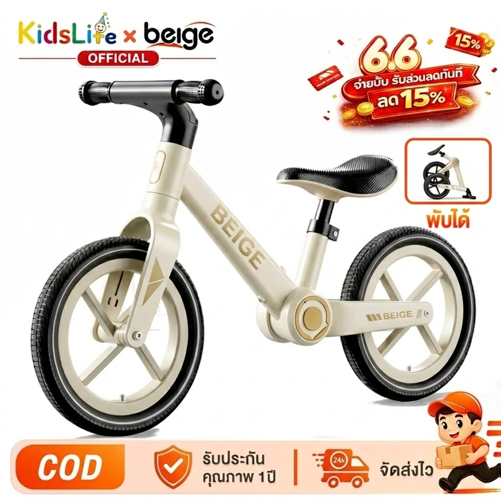 Beige จักรยานขาไถเด็ก พับง่ายในคลิกเดียว สำหรับเด็ก 2-8 ปี ปรับระดับได้ ฝึกทรงตัว พกพาสะดวก