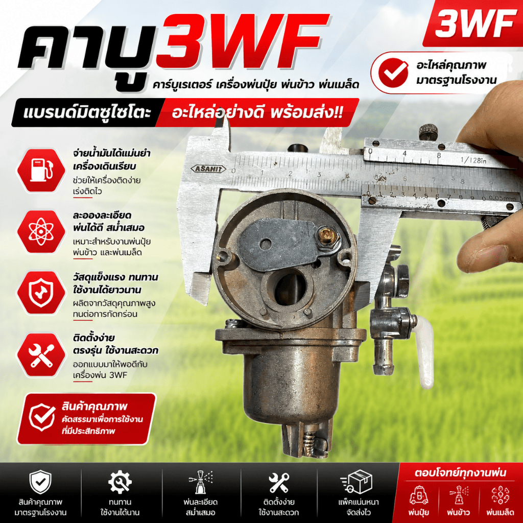 คาบู3WF คาร์บูเรเตอร์ เครื่องพ่นปุ๋ย พ่นข้าว พ่นเมล็ด 3WF แบรนด์มิตซูไซโตะ อะไหล่อย่างดี พร้อมส่ง!!