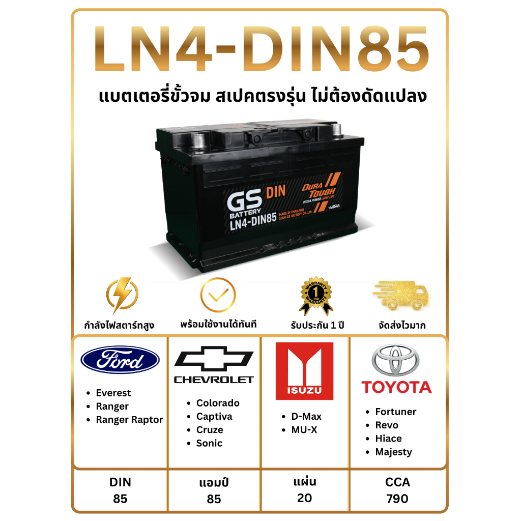 แบตเตอรี่ GS LN4-DIN85 12V 85 แอมป์ พร้อมใช้งานทันที ไม่ต้องเติมน้ำกลั่น (แถมฟรี กันขี้เกลือ 1 ชุด)