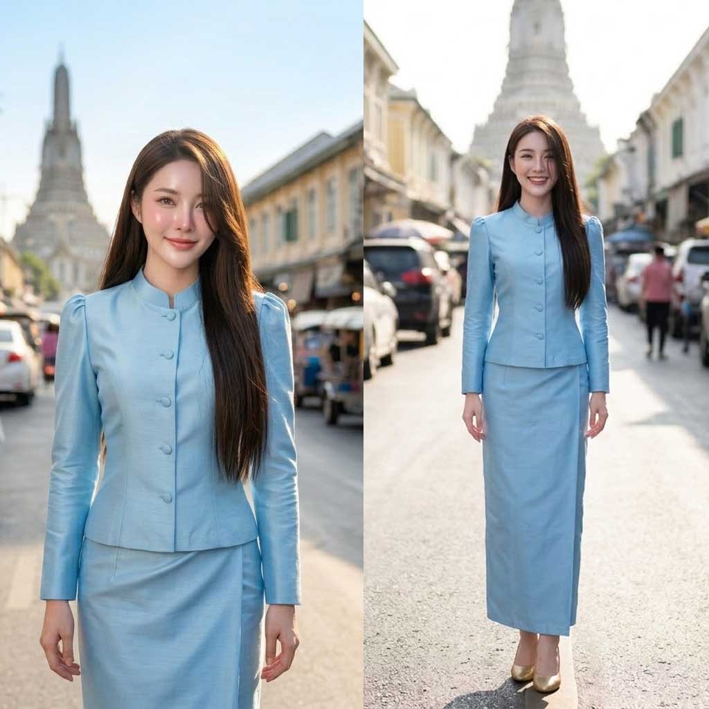 [ขายแยกชิ้น-พร้อมส่ง] เสื้อไทยจิตรลดา ผ้าถุงสำเร็จรูป รหัส M2 ศ13 สีฟ้าอ่อน ผ้าไหมสี่เส้นอัดกาว ทรงสุภาพ อก 34-46 นิ้ว