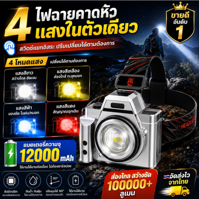 ไฟหน้ากันน้ําแบบชาร์จโคมไฟแบบพกพา LED ไฟได้สําหรับตั้งแคมป์และตกปลา ไฟหน้า LED ปรับได้ 4หมุน90° กันน้ำ จอดิจิทัล แบตอึด