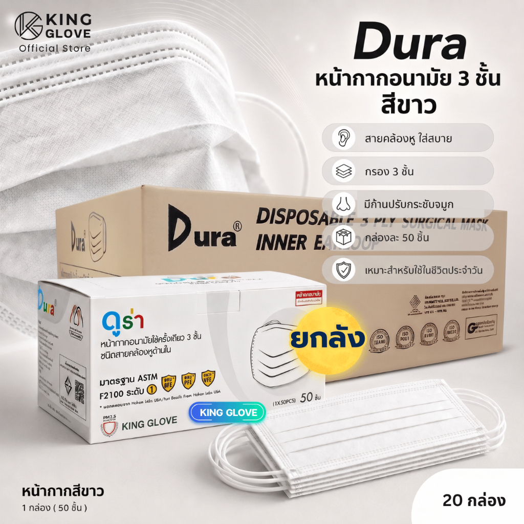 (ยกลัง)หน้ากากอนามัยสีขาว ยี่ห้อดูร่า (DURA MASK) เกรดการแพทย์ แบบใช้ครั้งเดียว แมสดูร่า