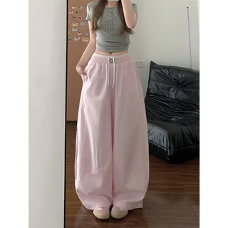 [Summer quick drying fabric, wide leg pants]เกาหลีรุ่นวินเทจผู้หญิงสบาย ๆ แจ๊สเต้นรำกีฬาลมกว้างขากางเกง