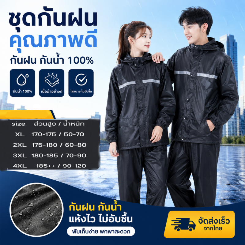 ชุดกันฝนแฟชั่น 2 ชิ้น กันน้ำทั้งเซ็ต มีแถบสะท้อนแสง ใส่ได้ทั้งผู้ชายผู้หญิง ฝนตกก็มั่นใจ มองเห็นไกล ปลอดภัยทุกเส้นทาง