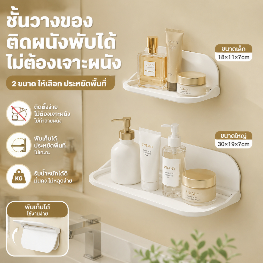 พร้อมส่ง ชั้นวางพับได้ ติดผนังไม่เจาะ วางโทรศัพท์ ของใช้ ห้องน้ำ ครัวเรือน Wall Shelf Foldable