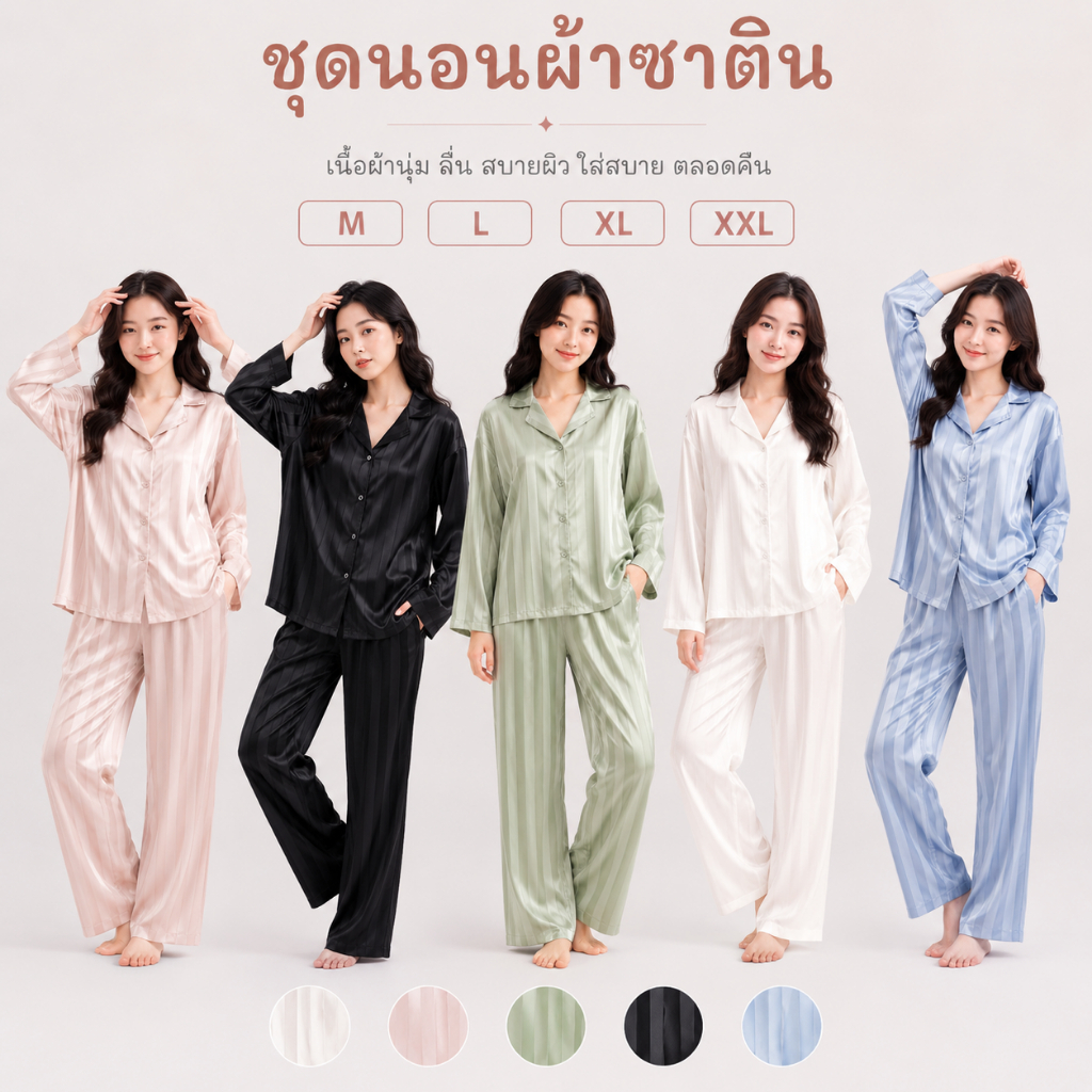 G151 ★ส่งจากไทย★ ชุดนอนซาตินขายาวขายาว ชุดนอนสีพื้น  ชาย-หญิง M-2XL มี 5 สี🔥