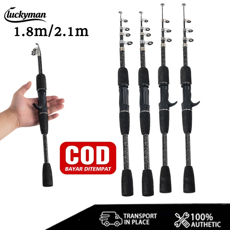 คันตกปลาเทเลสโคปิค LUCKYMAN 1.8-2.1 ม. ไฟเบอร์กลาส พกพาง่าย สำหรับตกกุ้งและน้ำจืด