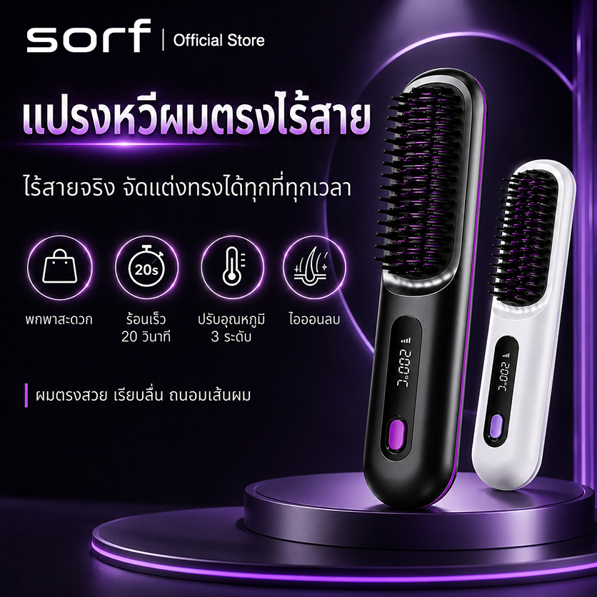 Sorf แปรงหวีผมตรงไร้สาย หวีไฟฟ้าพกพา ร้อนเร็ว 20 วิ ปรับความร้อน 3 ระดับ ไอออนลบ ชาร์จ Type-C สำหรับผมตรง/ม้วนปลาย