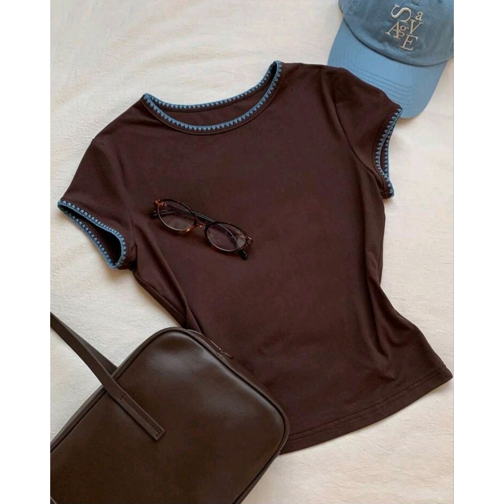 เสื้อยืดคอกลม​ แต่งสีตัดกัน​ แขนสั้น​ เสื้อฤดูร้อน​สำหรับ​ผู้หญิง​ สีน้ำตาล​ I พรี​ออเดอร์​