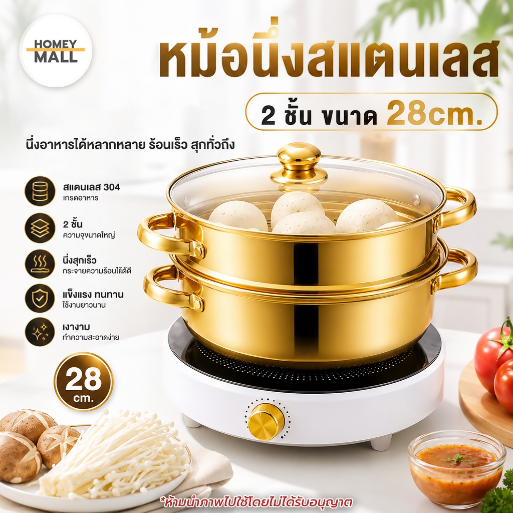 ซึ้งนึ่งอาหาร รุ่น4หู พร้อมฝาปิดกระจกใส ขนาด28ซม. หม้อนึ่งสแตนเลส ใช้กับเตาแม่เหล็กไฟฟ้าได้ ซึ้งนึ่ง