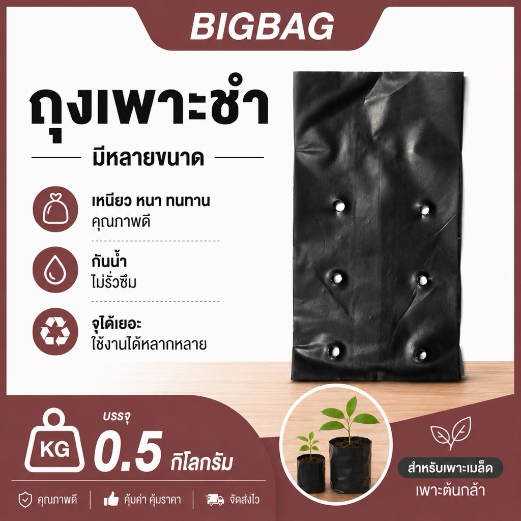 ถุงเพาะชำ เนื้อ PE คุณภาพดี บรรจุ 0.5 กิโลกรัม