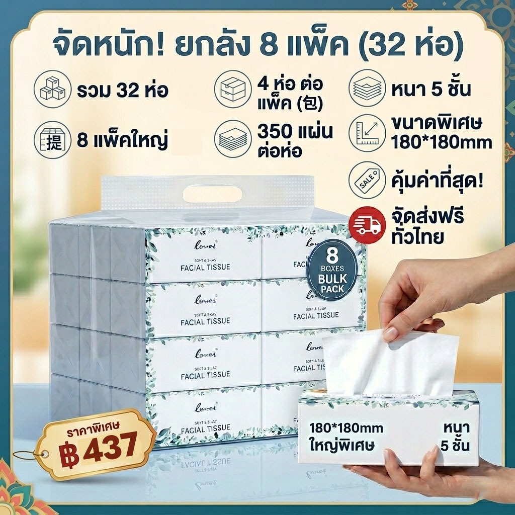 "[โปรโมชั่น] กระดาษทิชชู่ 5 ชั้น ขนาด 180x180 มม. 350 แผ่น แพ็คใหญ่ นุ่มลื่น ไม่ขาดง่าย ใช้ได้ทั้งบ้าน-ร้านอาหาร-ที่ทำงา