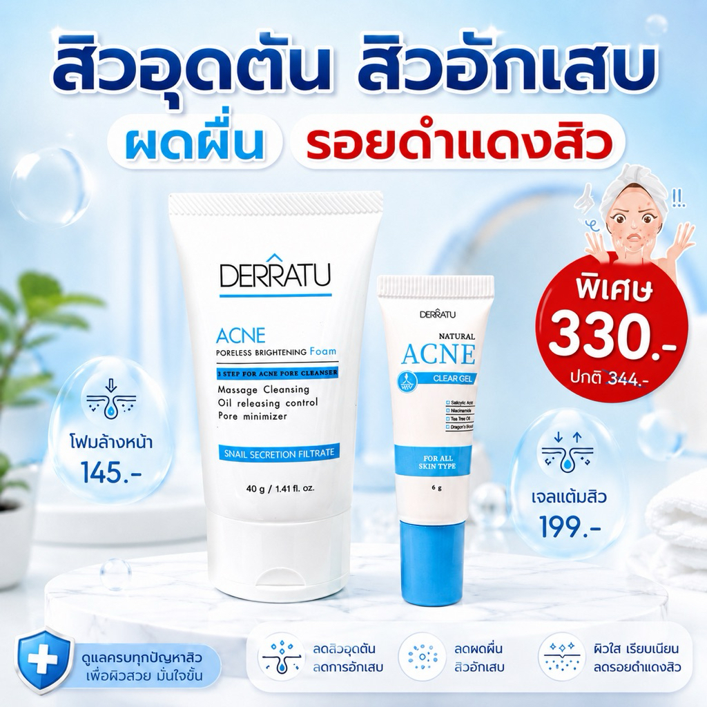 ชุดสิวหายด่วน (โฟม40g + เจลแต้มสิว) DERRATU เคลียร์ทุกสิว สิวอุดตัน สิวอักเสบ สิวยุบไว รอยสิวจางเร็ว หน้าใสไกลสิว