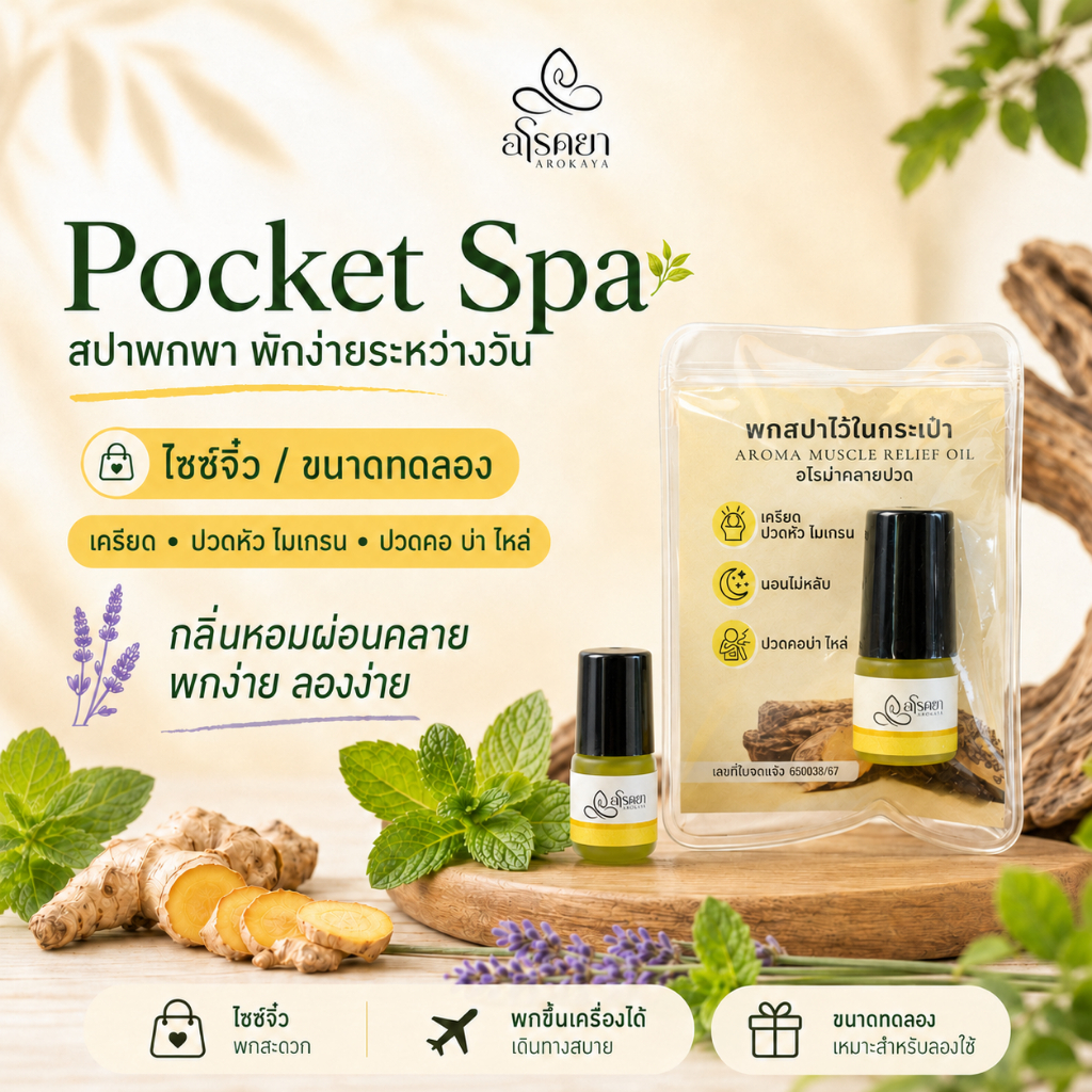 Pocket Spa🌿 ไซซ์จิ๋ว 2ml ลูกกลิ้งอโรคยาอโรม่า | เครียด ปวดหัว ไมเกรน ปวดคอบ่าไหล่ กลิ่นหอมผ่อนคลาย กลิ่นบำบัด ขนาดทดลอง
