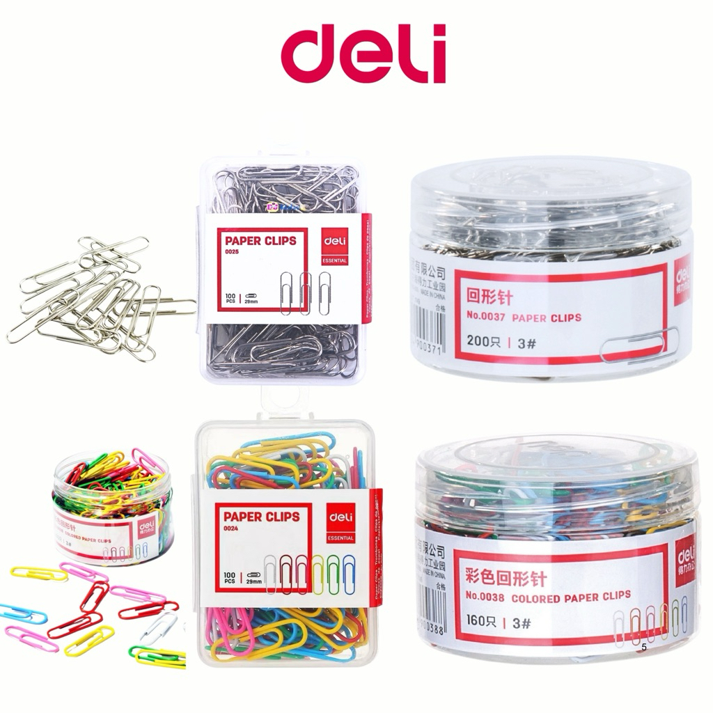 Deli คลิปหนีบกระดาษ  200/160 /100 ลวดเสียบ Deli Paper Clip คละสี คลิปสี ลวดสี อุปกรณ์สำนักงาน