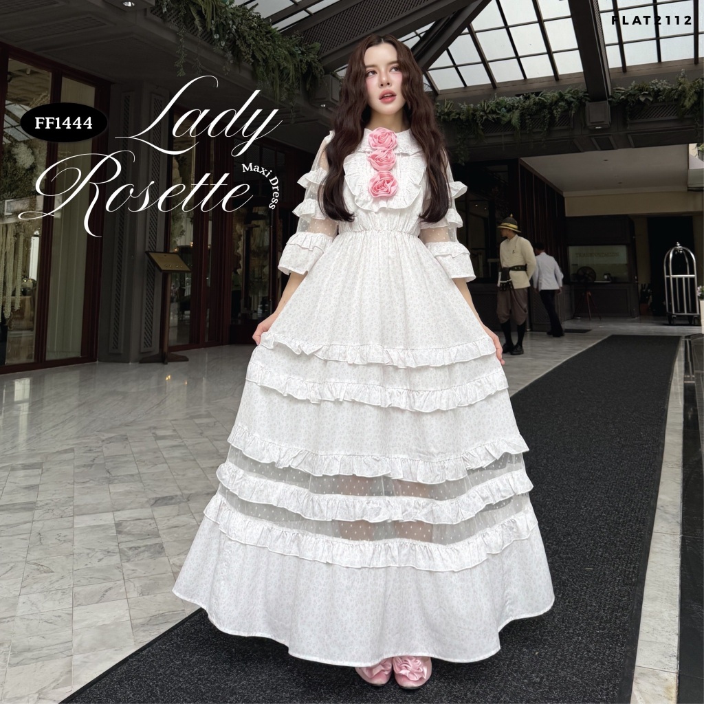 FLAT2112 : LADY ROSETTE MAXI DRESS เดรสยาวสีขาวสไตล์เจ้าหญิง ดีเทลระบายเลเยอร์ทั้งตัว แต่งดอกกุหลาบสีชมพูช่วงอก (FF1444)