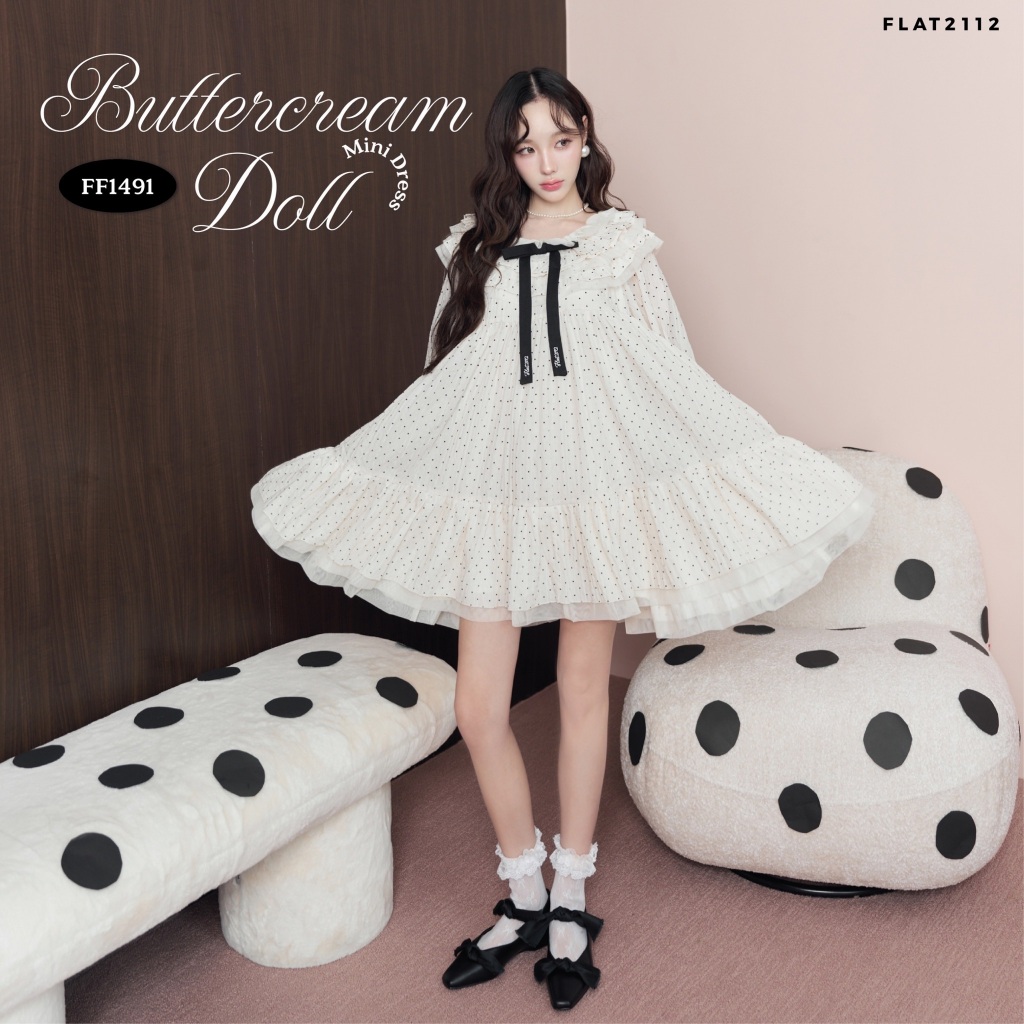 FLAT2112 : BUTTERCREAM DOLL MINI DRESS เดรสสั้นสีครีมลายจุด ดีเทลระบายลูกคุณหนู แต่งโบว์ดำยาวด้านหน้า แขนพอง (FF1491)