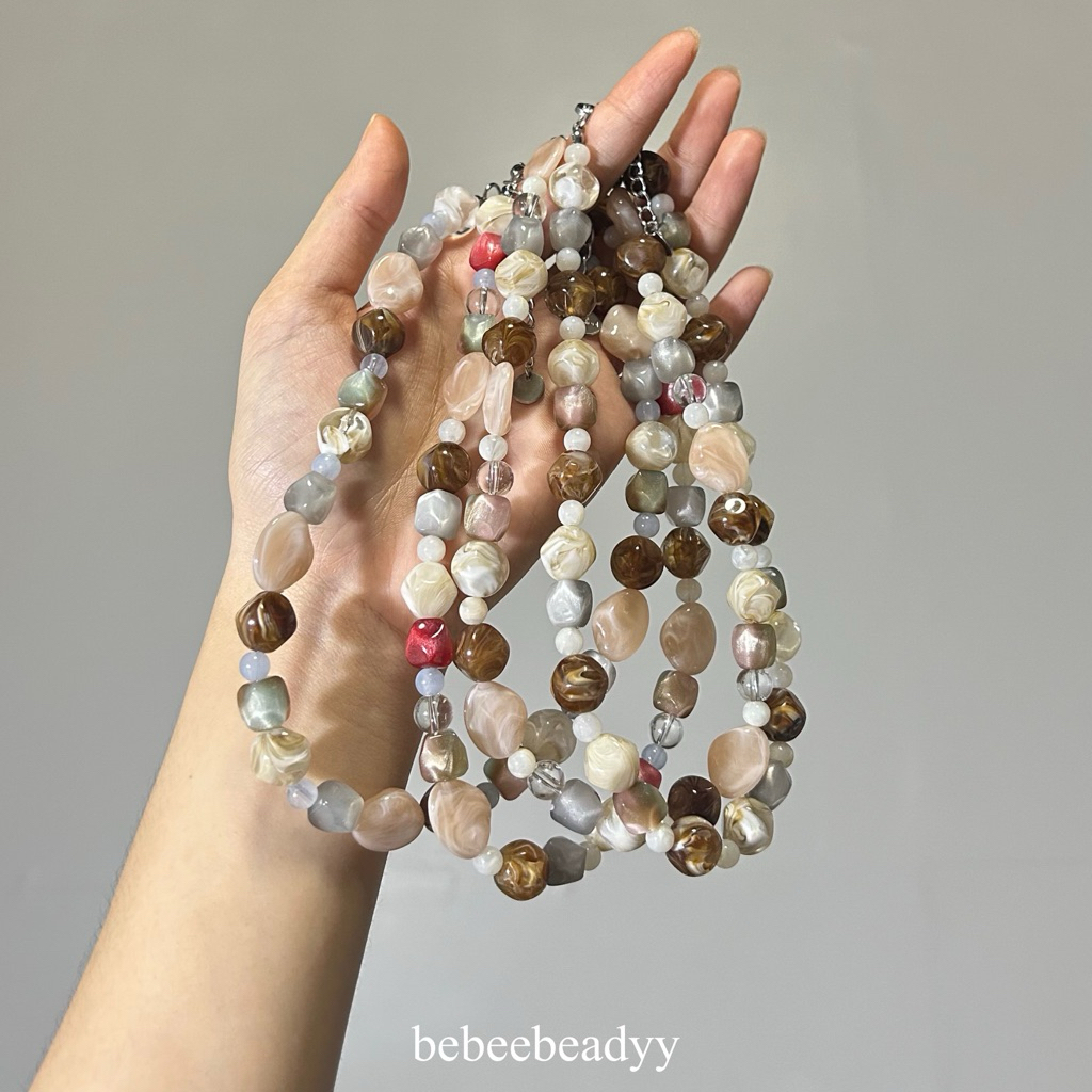 สร้อยลูกปัดอะคริลิค โทนสีน้ำตาล | สร้อยคอหินเทียม สี earth tone (อะไหล่ stainless)