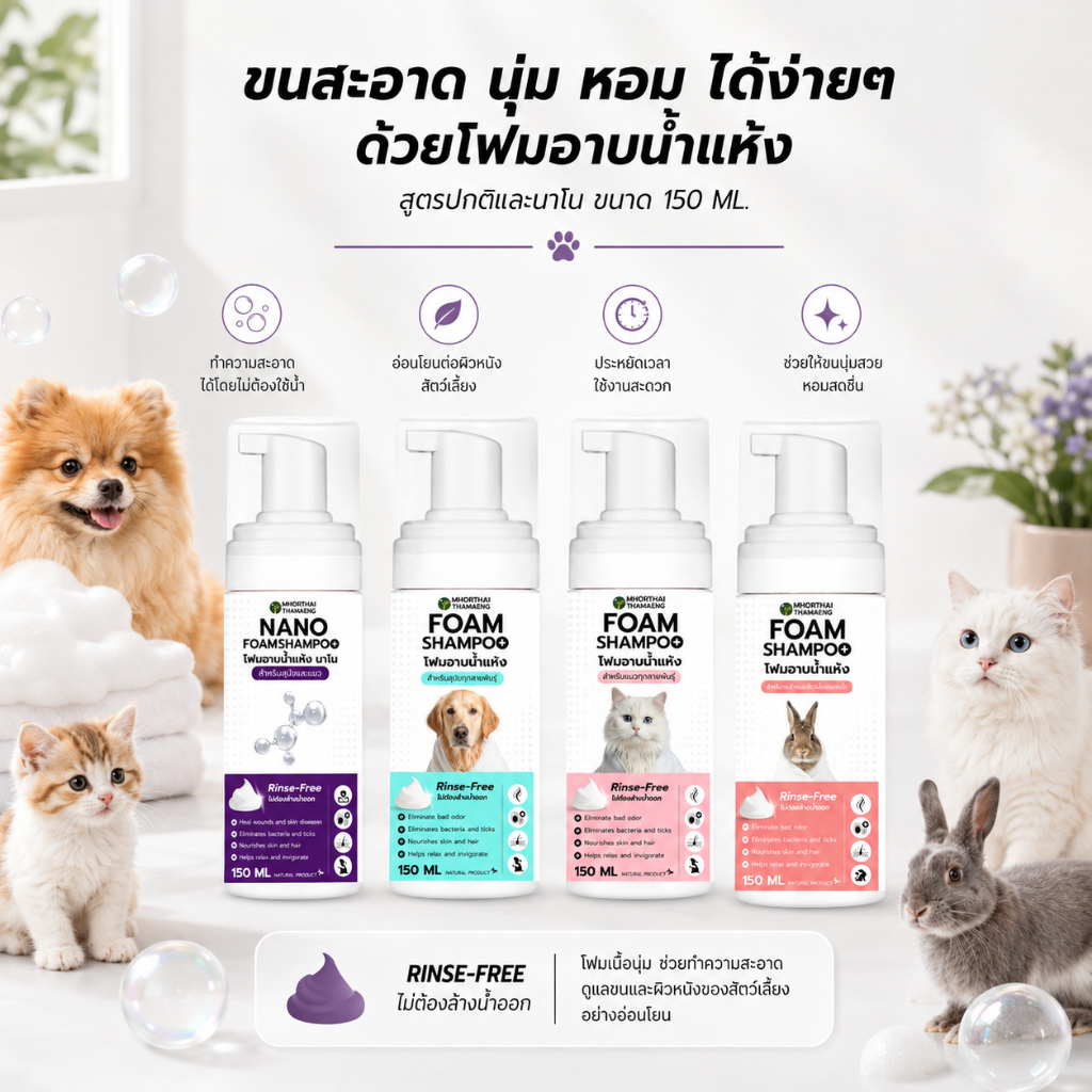 โฟมอาบน้ำแห้งสัตว์เลี้ยง กลิ่นหอมสะอาด ขนนุ่ม สูตรอ่อนโยน  Foam Shampoo 150 ml. สุนัข แมว กระต่าย หมอไทยทำเอง