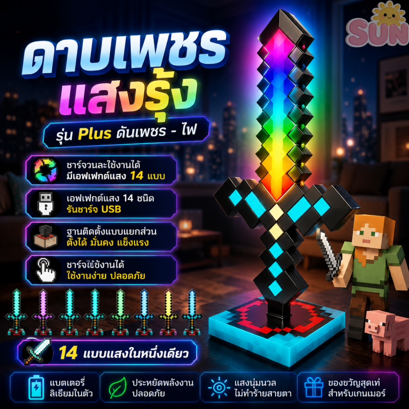 ดาบเพชรเรืองแสง รุ่น Plus 14 แบบแสง RGB USB ชาร์จได้ โคมไฟแต่งห้องเกมเมอร์ สะดวกปลอดภัย เหมาะเป็นของขวัญวันเกิ