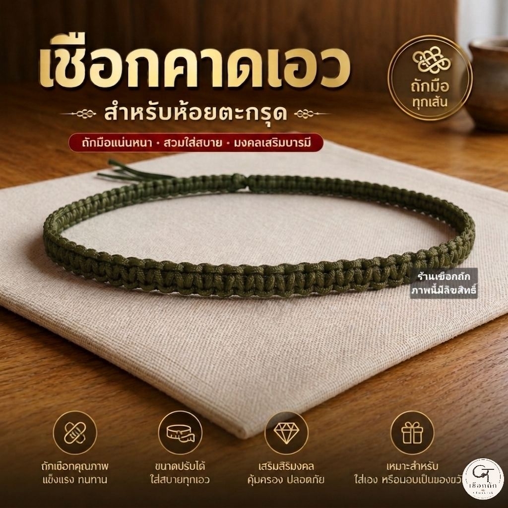 เชือกคาดเอว สีเขียว ถักมือ สำหรับห้อยตะกรุด | ปรับขนาดได้ แข็งแรง ทนทาน เสริมสิริมงคล ใส่สบาย