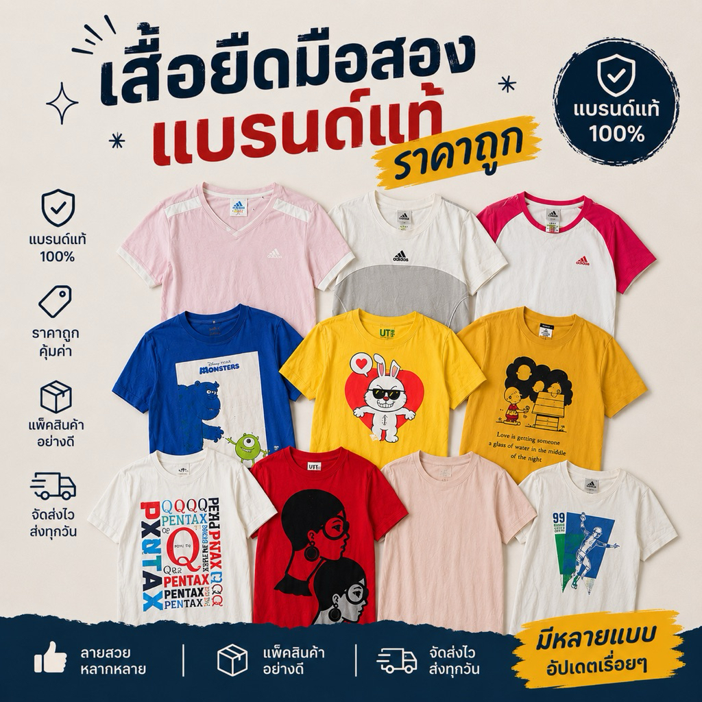เสื้อยืดแบรนด์แท้มือสอง เคลียร์ตู้ ราคาถูก Zara / H&M / Uniqlo / Nike / Y2K