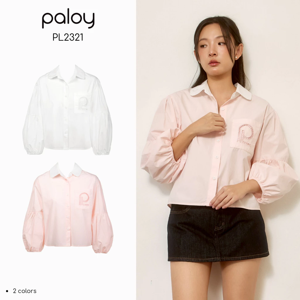Paloy - PL2321 Rosie Puff Top เสื้อเชิ้ตคอบัวแขนพองรู กระเป๋าปัก PL (Known By Heart)