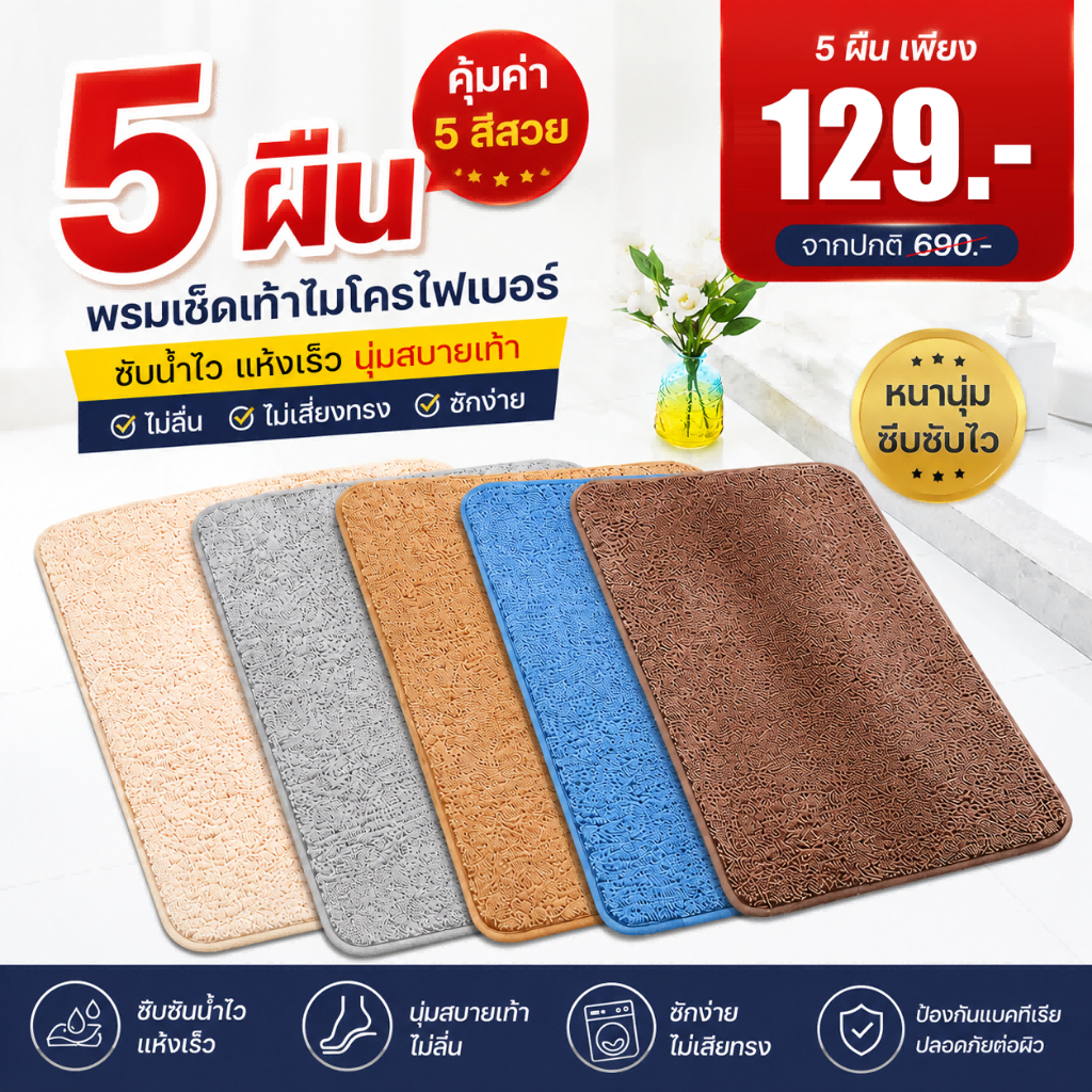 [โปรสุดถูก แพ็ค 5 ชิ้น]พรมเช็ดเท้า พรมห้องน้ํา ซับน้ำได้ดี เท้าเล็ก พรมกันลื่น พรมห้องนอน นุ่มสบายเท้า พรมเช็ดเท้า ขนนุ่