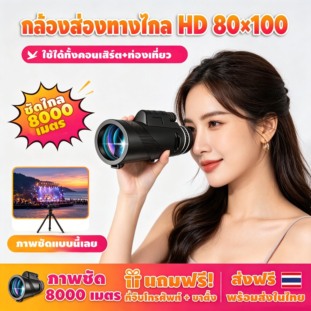 รุ่นใหม่ปี 2026 80×100HDกำลังขยายสูง กล้องส่องทางไกลตาเดียว ระยะยาวดู ดูนก เดินป่า กันน้ำระดับ