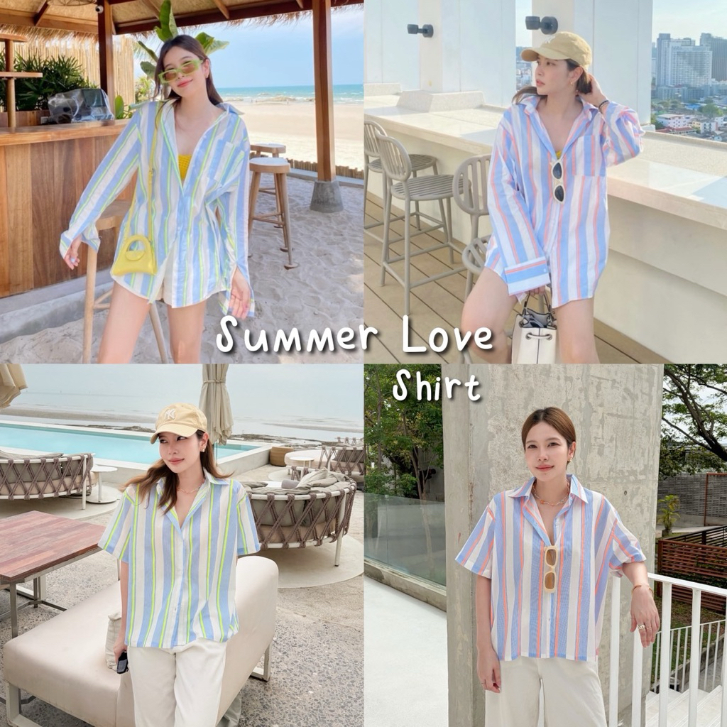 SUMMER LOVE SHIRT เสื้อเชิ้ตลายทางสลับสีนีออนสไตล์โคเรีย ผ้าคอตตอน