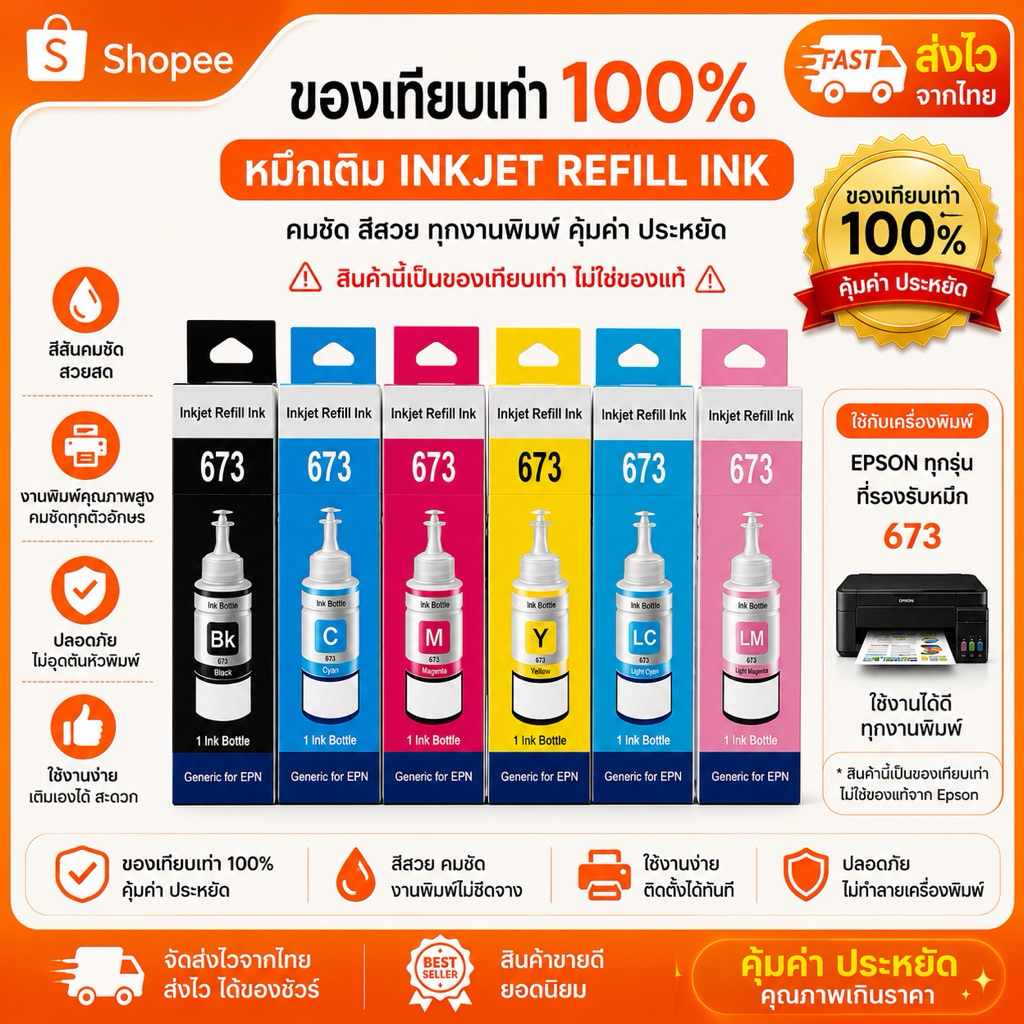 หมึกเติม Epson L800 L1800 L850 L805 L810 t673 ( เกรดพรีเมี่ยม 673 )