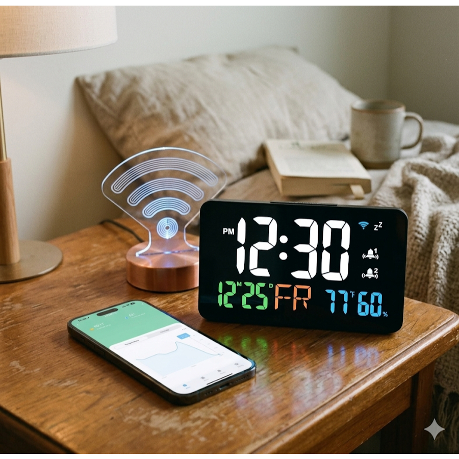 Tuya WiFi นาฬิกาพร้อมปฏิทิน เครื่องวัดอุณหภูมิและความชื้นอัจฉริยะ หน้าจอ LED ดูผ่านแอพ ควบคุมระยะไกล สำหรับใช้ในบ้าน