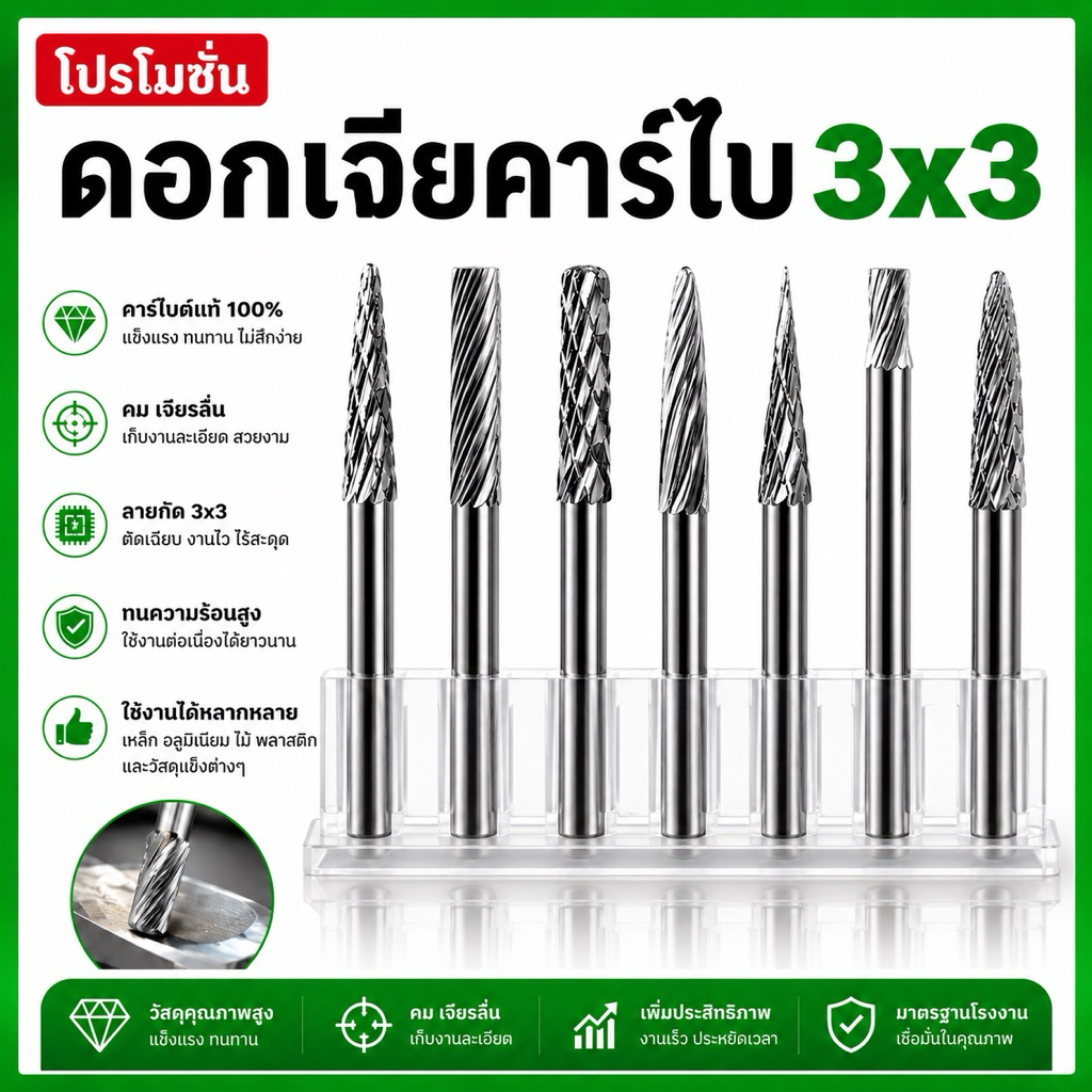 ดอกเจียรคาร์ไบด์ หัวคู่แกน 3 มิล ดอกเจียรพิมพ์ทังสเตน หัวเพชร 1 ชิ้น มี 10 แบบให้เลือก