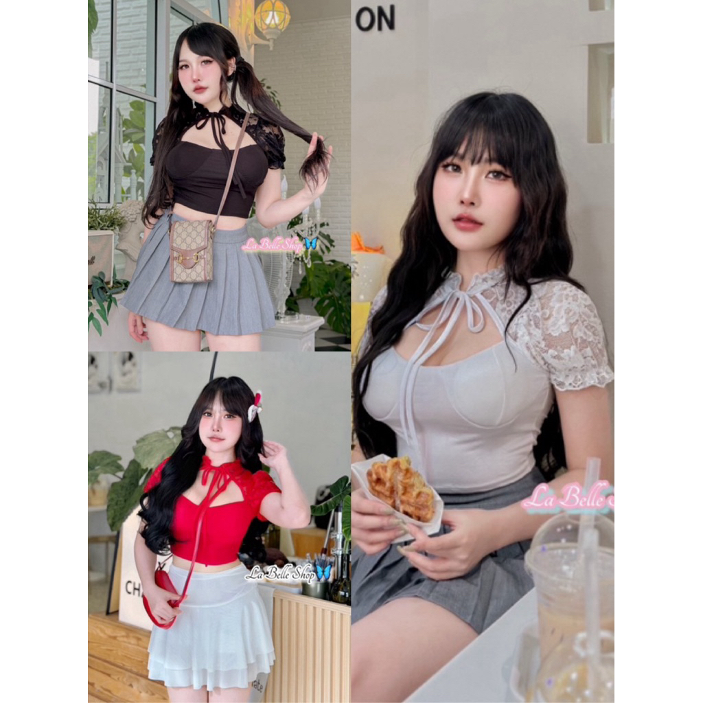 💕ShopBypuy💕เสื้อครอปแขนตุ๊กตาเรย่อน+ลูกไม้อกเสริมฟองน้ำ