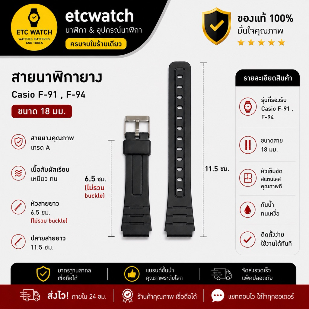 พร้อมส่ง> สายนาฬิกายาง Casio F-91 / F91 / F94 เกรด A หัวสายทำจากสแตนเลสแท้ 100%