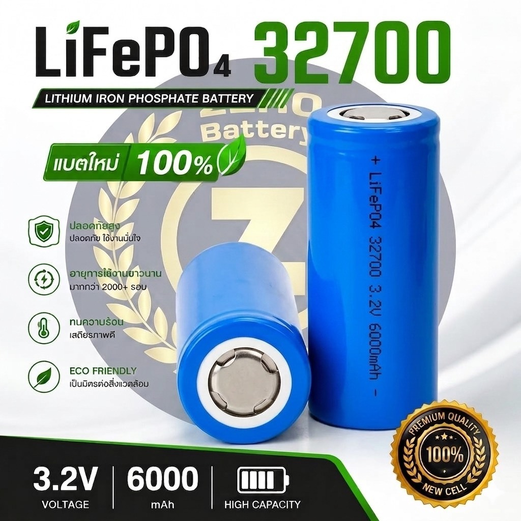 แบตเตอรี่ ลิเธียมฟอสเฟต 32700 5c 3.2 โวลต์ 6000 มิลลิแอมป์ชั่วโมง Battery LiFePO4 32700 3.2V 6000mAh